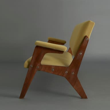 A two-seater sofa with a wooden frame and upholstered cushions. The sofa features a rectangular backrest and seat, with slightly angled arms. The wooden legs are slender and tapered. — 3D model