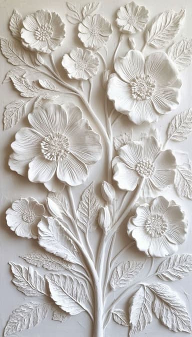 A rectangular, white decorative wall panel featuring a high-relief sculpture of blossoming flowers and leaves. — 3D model