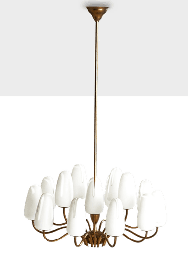 A vintage chandelier with a central brass stem and a circular arrangement of multiple arms, each supporting a white, opaque glass shade. The shades have a distinctive teardrop or flame-like shape. The overall design suggests a mid-century modern aesthetic. — 3D model