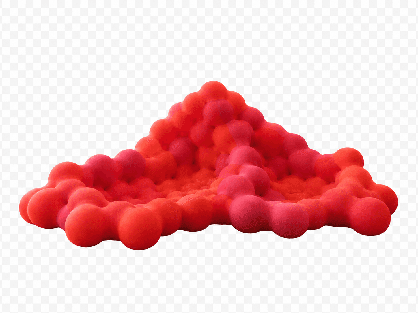 A highly sculptural and modular sofa composed of numerous interconnected spherical forms, displaying a gradient of red and pinkish-red colors. — 3D model