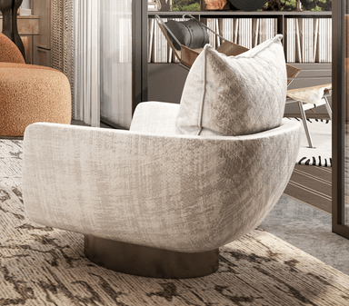 A modern armchair with a swivel base. The chair features upholstered arms, a seat cushion, and a back cushion. The base is a dark, circular pedestal that allows for rotation. The upholstery has a textured, slightly distressed appearance. — 3D model