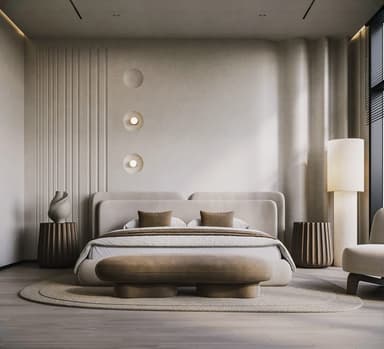 A modern upholstered bed featuring a distinctive multi-panel headboard and a coordinating foot bench. The bed frame and headboard are covered in a light beige fabric, while the pillows and bench are a rich brown. The design emphasizes soft lines and rounded edges, characteristic of contemporary aesthetics. — 3D model