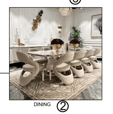 A complete modern dining set featuring a rectangular table with a light-colored surface and chrome legs, accompanied by six matching sculptural dining chairs upholstered in a light, textured fabric, each with a swivel base. — 3D model