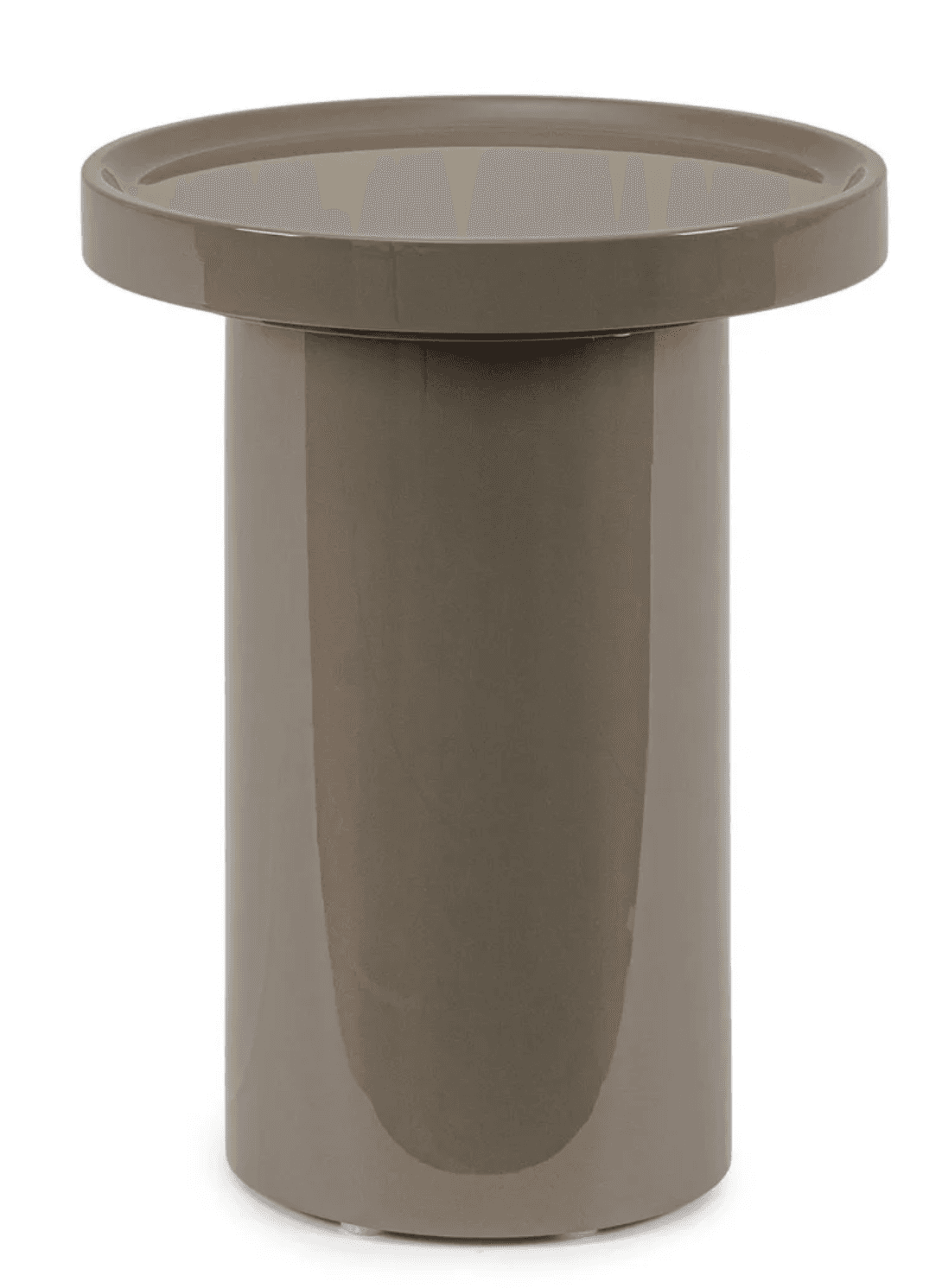 A modern, cylindrical side table in a greige or taupe color, featuring a high-gloss finish and a circular top with a slightly raised rim. — 3D model