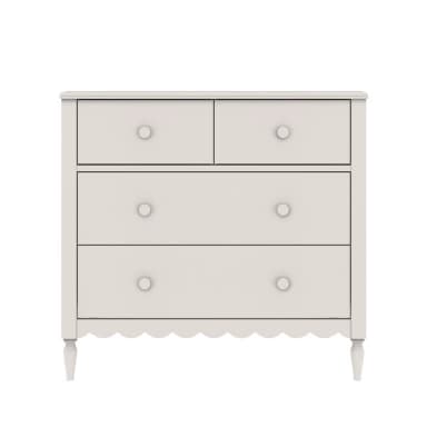 A light-colored dresser with a scalloped base and four legs. It features two smaller drawers at the top, arranged side-by-side, and two larger drawers below them. Each drawer is equipped with a round knob. — 3D model