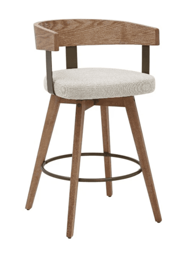 A modern swivel bar stool featuring a light-toned wooden frame, a plush upholstered seat, and a distinctive curved wooden backrest. It stands on four tapered wooden legs, reinforced by a circular metal footrest, and features a visible swivel mechanism. — 3D model