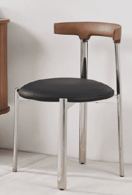 A modern chair featuring a circular black upholstered seat, a curved light wood backrest, and a polished metal frame with four straight legs. — 3D model