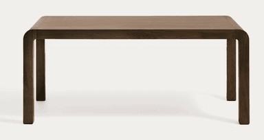 A dark brown wooden rectangular table featuring a minimalist and contemporary design with thick, rounded edges that seamlessly flow into the square legs. — 3D model