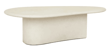 A low, cream-colored coffee table with an organic, irregularly shaped tabletop supported by a solid, sculptural pedestal base. The material appears to be a concrete composite with a matte finish. — 3D model