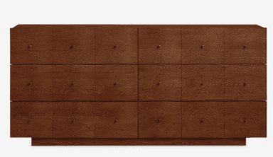 A long, low, rectangular wooden credenza or sideboard with a warm, medium-brown finish and visible wood grain. The front facade is composed of multiple individual panels, each fitted with a small, circular brass knob. The unit sits on a recessed plinth base, giving it a sleek, minimalist appearance. — 3D model