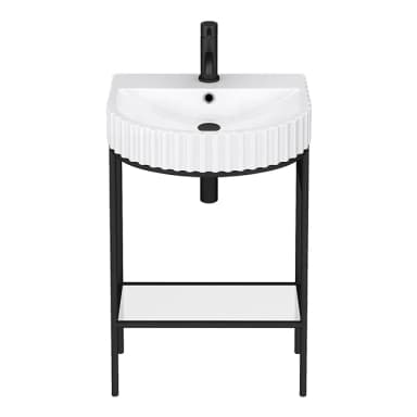 A modern freestanding bathroom vanity featuring a white ceramic basin with a distinctive fluted exterior, supported by a minimalist black metal frame. It includes a matte black single-hole faucet and an integrated lower shelf. — 3D model