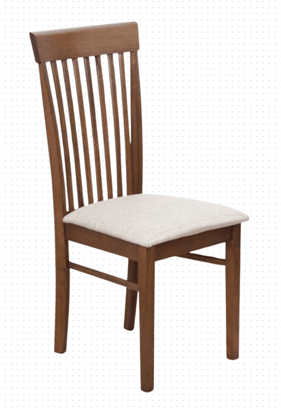 A wooden dining chair with a slatted backrest and a cushioned seat. The chair has a solid wooden frame with four legs and cross supports. The backrest consists of vertical wooden slats. The seat is upholstered in a light-colored fabric. — 3D model