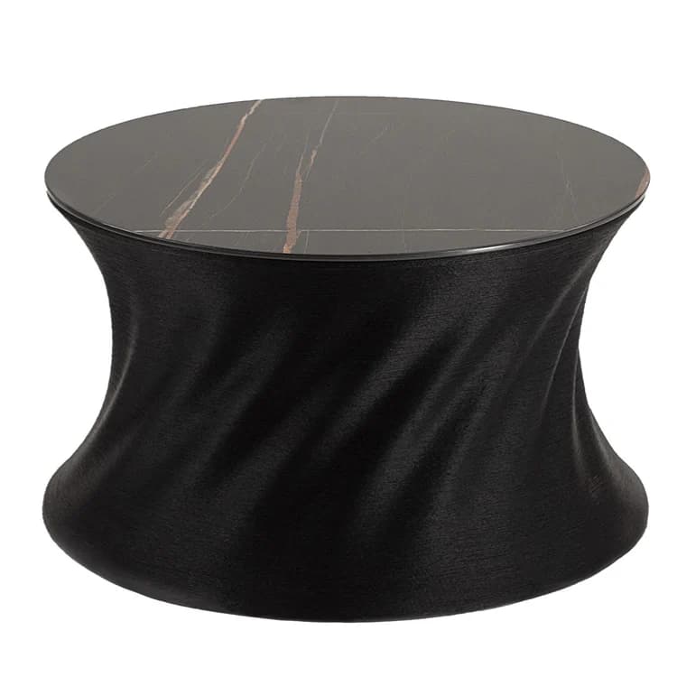 A round coffee table with a dark, marble-patterned top featuring thin, irregular lines of reddish-brown. The base is cylindrical and twisted, creating a dynamic, hourglass-like shape. The base has a textured, matte black finish, possibly a fabric or textured composite material. — 3D model