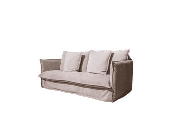 A contemporary beige sofa with a plush, textured fabric upholstery. The sofa features a relaxed design with two square back cushions and a loosely draped skirt that reaches the floor. It has wide, rolled armrests and appears to be designed for comfort. The overall aesthetic is minimalist and inviting. — 3D model