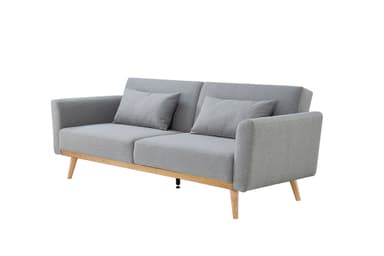 A contemporary two-seater loveseat upholstered in light grey fabric, featuring a clean, minimalist design. It includes two seat cushions, two back cushions, and two matching accent pillows. The loveseat is supported by an exposed light wood frame along its base and four tapered, angled wooden legs. — 3D model