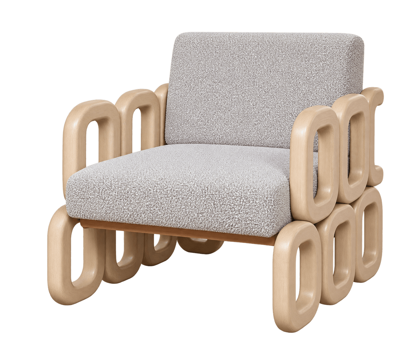 A contemporary armchair featuring a distinctive frame made from interconnected, rounded, looped wooden elements and upholstered in a light grey bouclé fabric. — 3D model