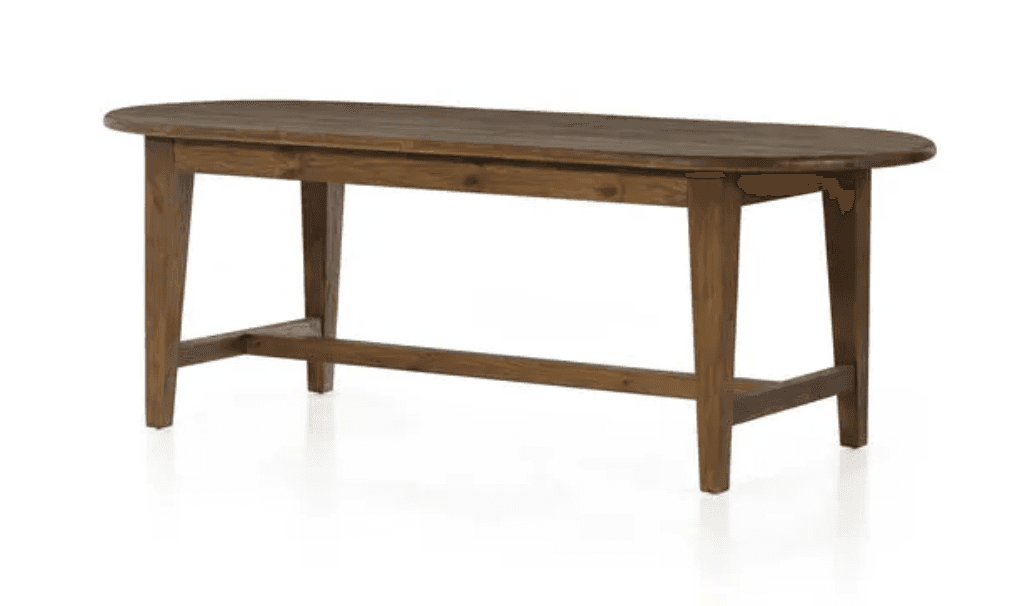 A wooden dining table with an oval-shaped top and four tapered legs connected by a lower stretcher for added stability. The wood grain is visible, suggesting a natural finish. The table appears to be designed for a dining setting. — 3D model