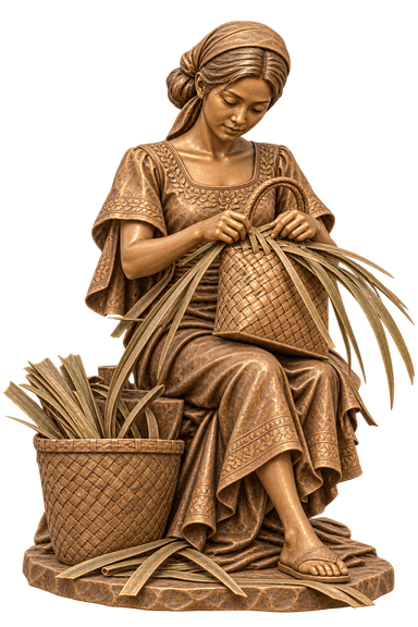 A bronze-finished sculpture depicting a seated woman from the back, engaged in an activity involving baskets and leafy materials. The woman is dressed in traditional attire with intricate patterns on her clothing and a headscarf. She is seated on a block with a textured surface, and a larger basket with similar leafy materials rests beside her. The entire composition rests on a textured, circular base. — 3D model