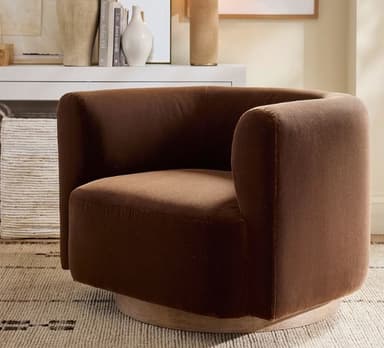 An elegant contemporary swivel barrel chair featuring a dark brown fabric upholstery and a round, light-toned wooden swivel base. The chair has a cohesive, rounded form with integrated armrests and a plush seat cushion. — 3D model