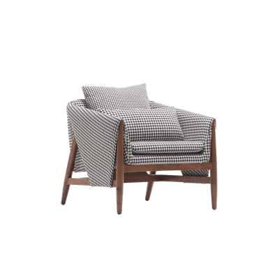 An upholstered lounge chair featuring a distinctive black and white houndstooth fabric pattern and an exposed dark wooden frame. — 3D model