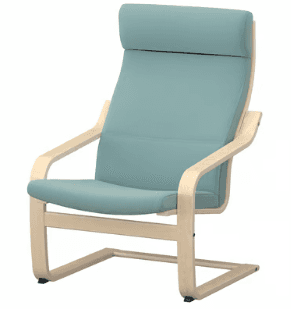 A modern high-back lounge chair featuring a light-toned bentwood frame and light blue fabric upholstery on the seat, backrest, and integrated headrest. The chair has open armrests and a sled-style base. — 3D model