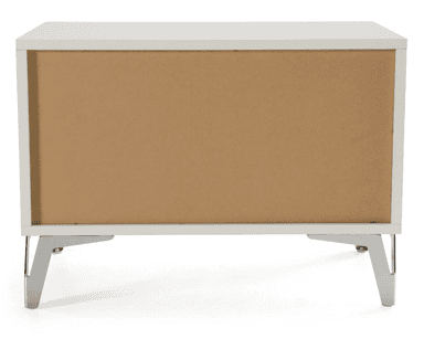 A modern white lacquered nightstand featuring two drawers with integrated recessed handles and supported by splayed polished metal legs. — 3D model