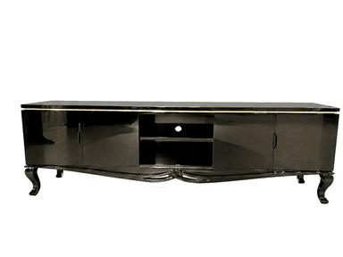 A long, low, rectangular media console or TV stand featuring a glossy black lacquered finish, accented with gold-toned trim along the top edges. The unit is divided into two closed cabinets with doors on the ends and a central open compartment with internal shelving. It is supported by four ornate, curved cabriole-style legs. — 3D model