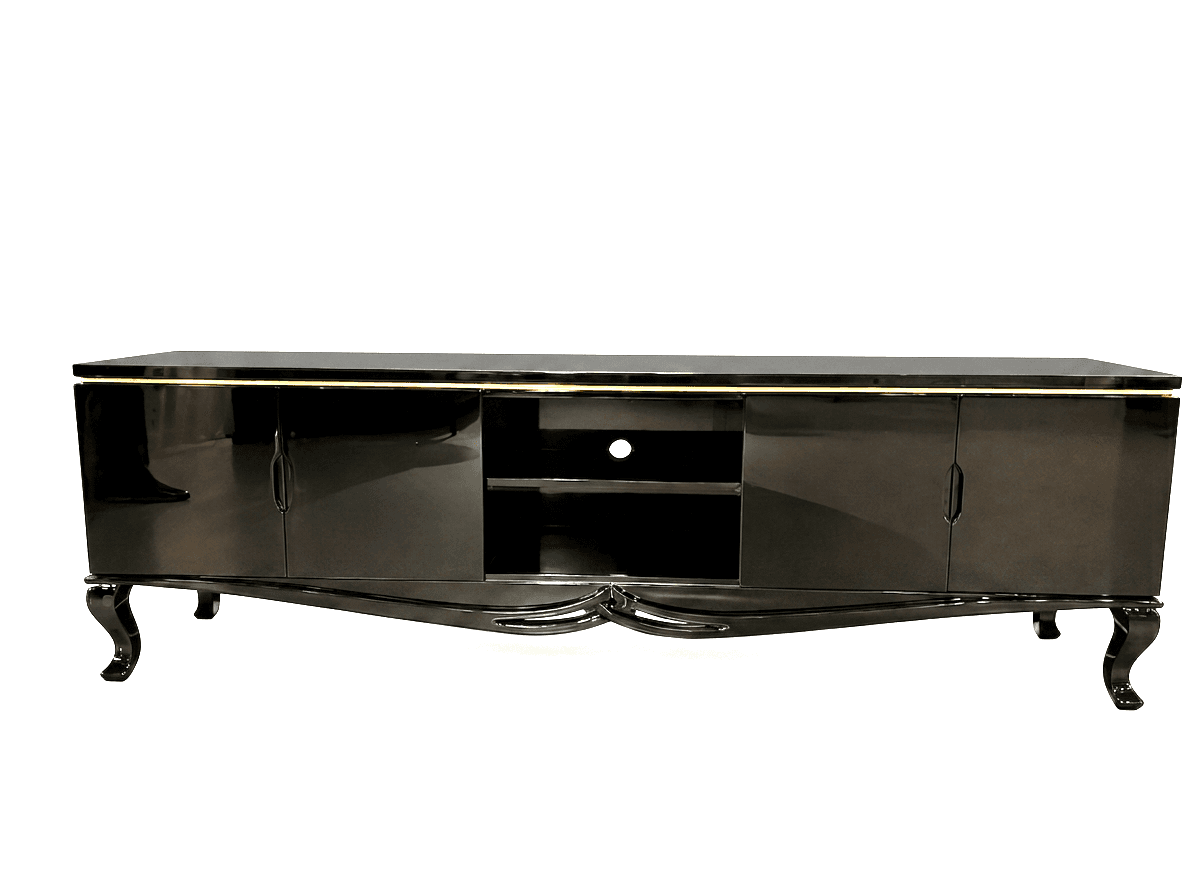 A long, low, rectangular media console or TV stand featuring a glossy black lacquered finish, accented with gold-toned trim along the top edges. The unit is divided into two closed cabinets with doors on the ends and a central open compartment with internal shelving. It is supported by four ornate, curved cabriole-style legs. — 3D model