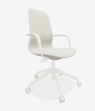 A modern office chair with a cream-colored upholstered seat and back, integrated armrests, and a white five-star base with casters. The design is minimalist and ergonomic. — 3D model