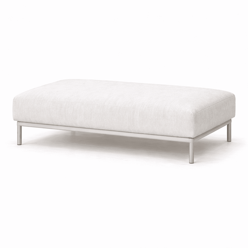 A rectangular ottoman with a plush, white upholstered top and a thin, metallic frame. The ottoman has four slender, angled legs that provide support. — 3D model
