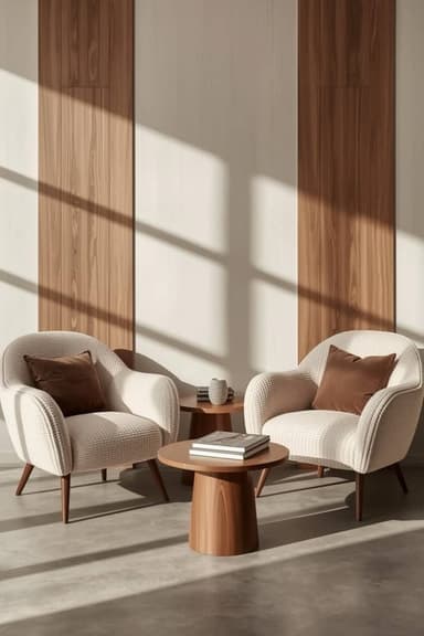 A contemporary armchair featuring a rounded, inviting silhouette, upholstered in a textured cream-colored fabric. It has slightly flared, dark brown tapered wooden legs and includes a square brown accent cushion for added comfort and contrast. — 3D model