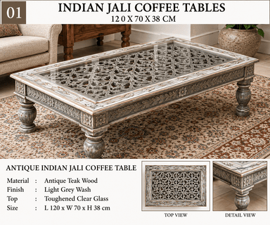 A low, rectangular table featuring elaborate carved detailing on the wooden frame and legs, with a transparent glass panel set into the top surface, revealing a patterned carved base underneath. The wood has a distressed white/grey wash finish. — 3D model