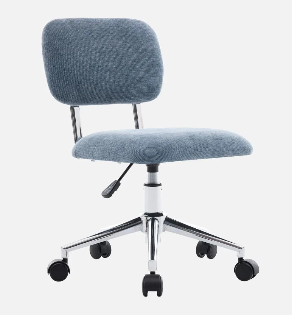 An armless upholstered swivel desk chair featuring a blue fabric seat and backrest, supported by a chrome five-star base with black caster wheels. It has a white central column and a lever for height adjustment. The design is modern and functional, suitable for office or home study use. — 3D model