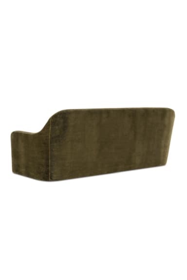 A contemporary velvet sofa featuring a low profile, integrated armrests that curve slightly upwards, and a single seat cushion. The backrest is adorned with five evenly spaced, circular bolster cushions. The overall design is sleek and modern, with clean lines and a plush upholstery. — 3D model