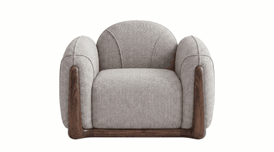 An upholstered armchair featuring a light grey woven fabric and a distinctive dark wood base and arm accents. The chair has a compact, rounded silhouette with a plush backrest and seat. The wooden elements, visible at the base and curving upwards along the sides of the armrests, provide a contrasting texture and form to the soft upholstery. The overall design is contemporary with an emphasis on smooth lines and comfort. — 3D model