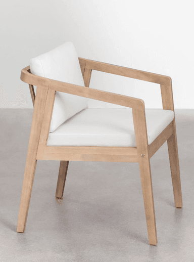 A wooden armchair with a slatted back and upholstered cushions. The chair features a light wood frame with straight legs and armrests. The backrest is composed of vertical wooden slats, and the seat and back are covered with white cushions. — 3D model