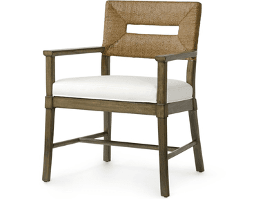 A wooden armchair with a woven back and a cushioned seat. The backrest features a horizontal rectangular opening and is constructed from a natural fiber rope, likely sisal or jute, woven in a textured pattern. The frame of the chair, including the legs, arms, and back supports, is made of wood with a distressed grey-brown finish. The seat is upholstered in a plain, off-white fabric cushion. — 3D model