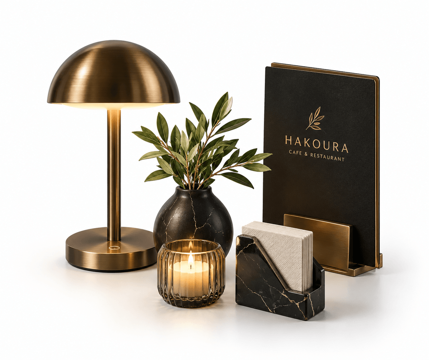 A portable table lamp featuring a dome-shaped shade and a cylindrical stem, all crafted from brushed brass. It has a round base with a visible charging indicator, suggesting a rechargeable, cordless design. The lamp emits a warm glow from beneath the shade. — 3D model