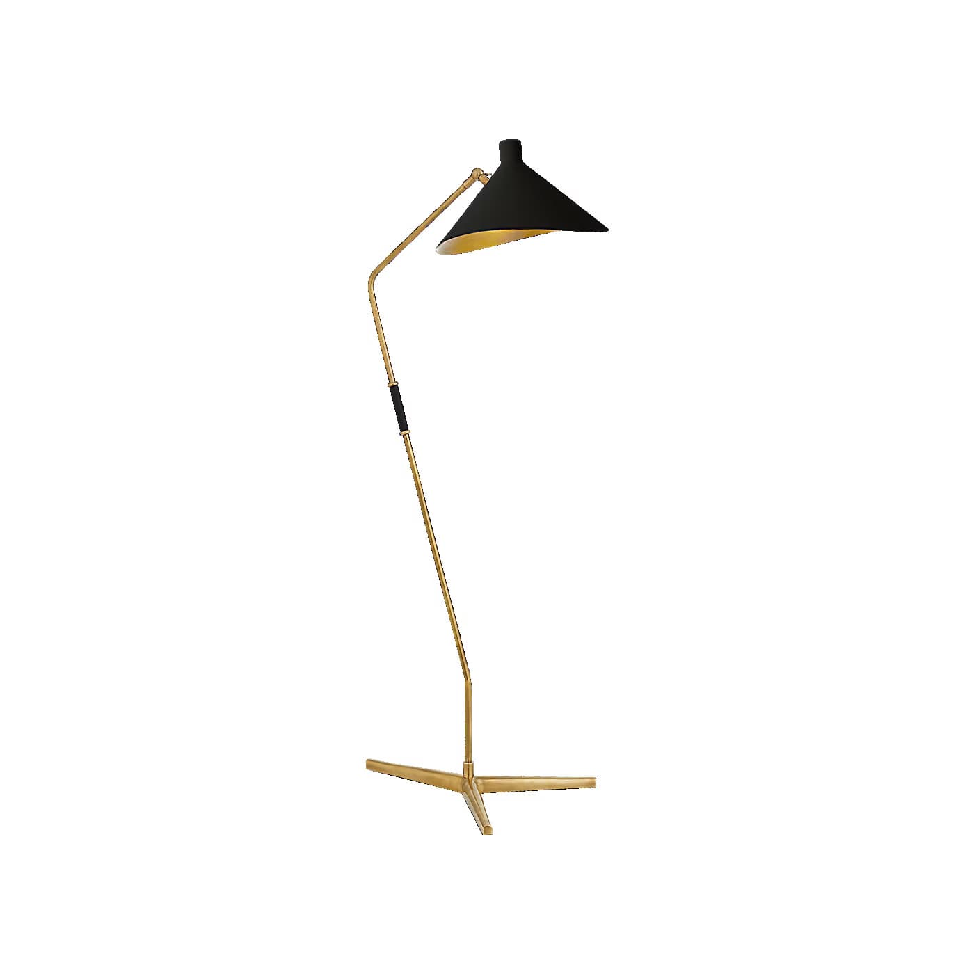 A floor lamp with a distinctive mid-century modern design. It features a slender, angled brass stem that rises from a stable, cross-shaped base. The lampshade is a conical shape, finished in matte black on the exterior, with a metallic gold interior that would reflect light. There is a visible joint or adjustable mechanism on the stem, finished in black. — 3D model