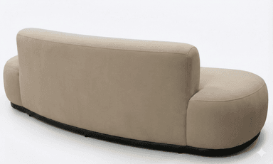 A modern, curved sofa with a cream-colored upholstered frame. It features a low backrest and three round decorative cushions arranged along the back. The base is dark and appears to be made of a smooth material, contrasting with the upholstered body. — 3D model