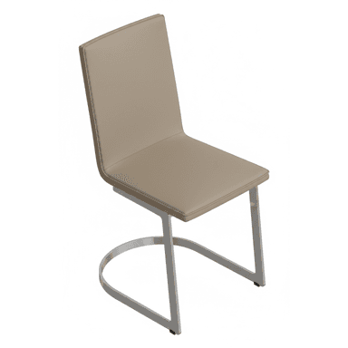 A modern dining chair with a sleek design. The seat and backrest are upholstered in a light beige material, likely leather or faux leather, with clean, squared-off edges. The frame is constructed from polished metal, featuring a cantilever base with a distinctive U-shaped support that extends from the legs and curves to form the base. The chair appears to be part of a set, with another similar chair visible in the background, partially obscured by a glass tabletop. — 3D model