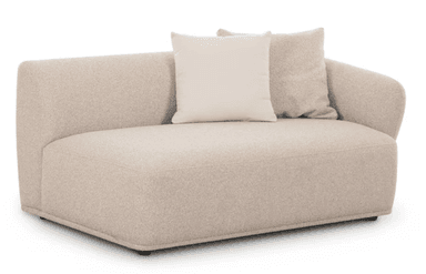 A contemporary right-arm modular sectional sofa component, upholstered in a light beige boucle-like fabric. It features a low-profile design with a continuous backrest that curves down to form a right armrest. The seat cushion is integrated, and the piece is supported by discreet low-profile feet. Two throw pillows, one beige and one off-white, are placed against the backrest. — 3D model
