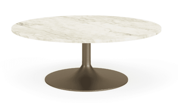 A round coffee table featuring a light-colored marble top with natural grey and brown veining, supported by a dark, matte bronzed metal pedestal base. — 3D model
