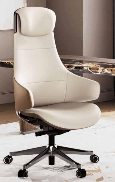 A high-back executive office chair featuring two-tone leather upholstery. The main body is cream/off-white leather, with brown leather accents on the lower back and armrests. It has a contoured design, integrated padded armrests, and rests on a five-star metallic base with black caster wheels. — 3D model