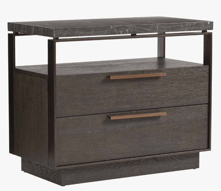 A modern nightstand with a dark wood veneer finish and a striking marble top. It features two drawers with minimalist metal handles and a distinct geometric base. — 3D model