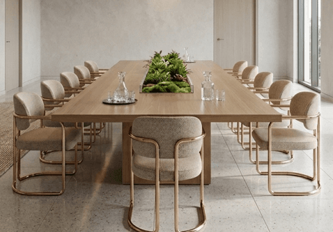 A modern, rectangular conference table featuring a light-toned wood finish and a prominent integrated central planter. The planter, recessed into the tabletop, contains an assortment of green plants, moss, and pinecones within a transparent, likely glass or acrylic, border. The table is supported by two thick panel-style legs, offering a clean and stable design. Several clear glass decanters and tumblers are placed on the table's surface. — 3D model