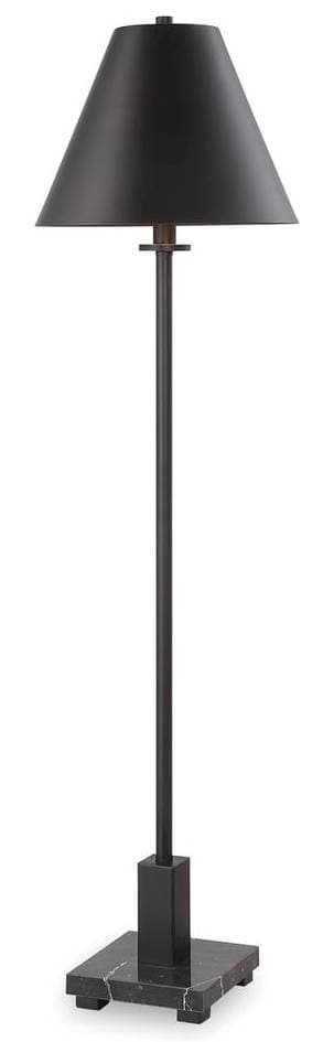 A modern floor lamp featuring a black conical metal shade, a slender black metal pole, and a square base made of black marble with subtle white veining. A small brass accent piece is visible just below the shade. — 3D model