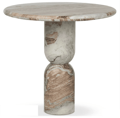 A contemporary side table crafted entirely from natural marble, featuring a round top and a distinctive pedestal base composed of two stacked, rounded sculptural elements. The marble exhibits natural veining in shades of white, grey, and reddish-brown. — 3D model