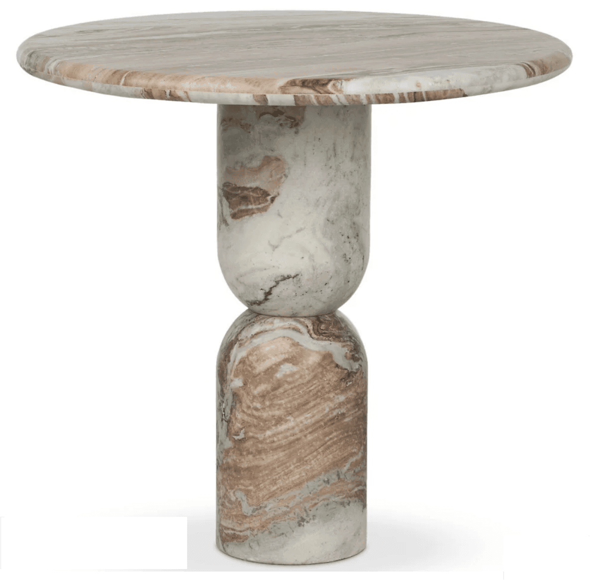A contemporary side table crafted entirely from natural marble, featuring a round top and a distinctive pedestal base composed of two stacked, rounded sculptural elements. The marble exhibits natural veining in shades of white, grey, and reddish-brown. — 3D model