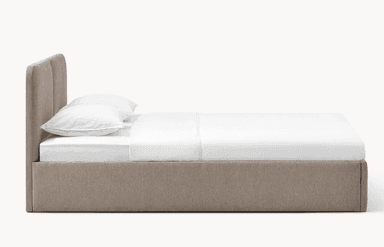 A modern upholstered platform bed featuring a clean, minimalist design and a distinctive split headboard with rounded corners. — 3D model